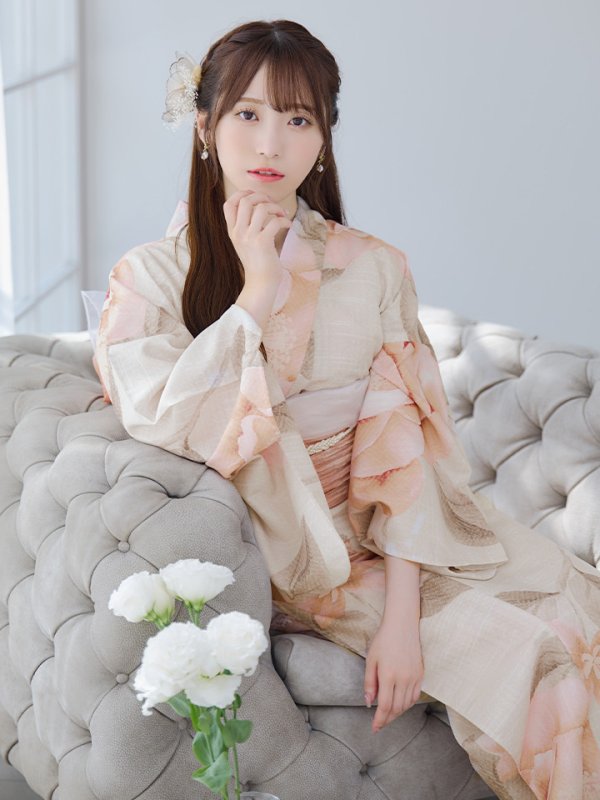 画像14: 【即日発送】ピンクベージュ牡丹浴衣  【浴衣３点セット 浴衣/帯/下駄】[YMT] (14)