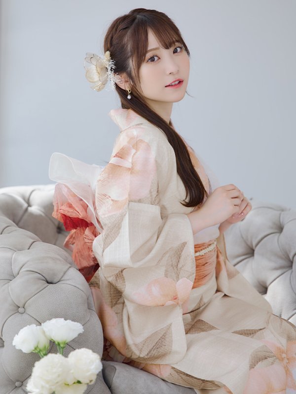 画像15: 【即日発送】ピンクベージュ牡丹浴衣  【浴衣３点セット 浴衣/帯/下駄】[YMT] (15)