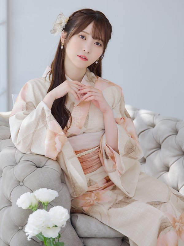 画像2: 【即日発送】ピンクベージュ牡丹浴衣  【浴衣３点セット 浴衣/帯/下駄】[YMT] (2)