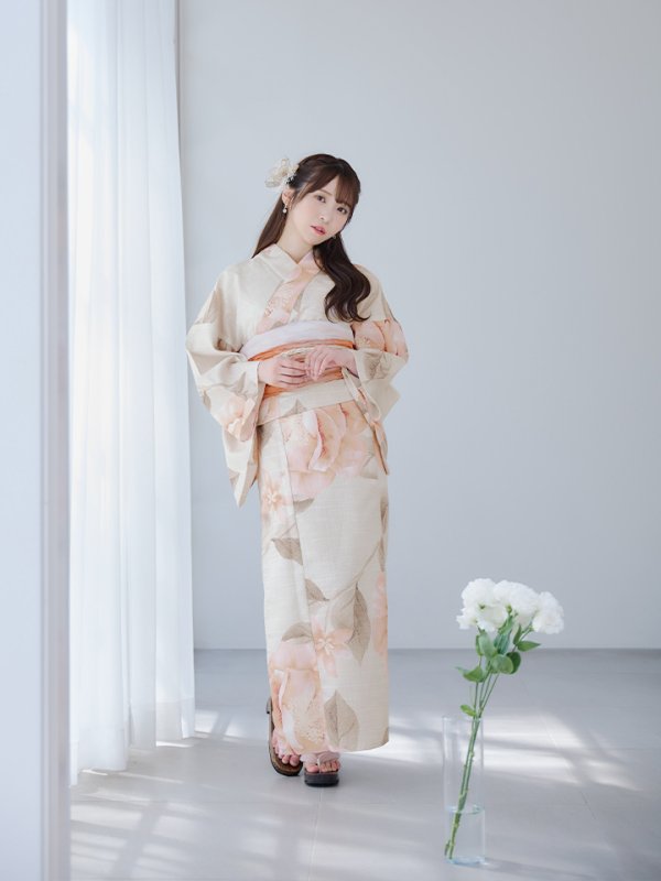 画像5: 【即日発送】ピンクベージュ牡丹浴衣  【浴衣３点セット 浴衣/帯/下駄】[YMT] (5)