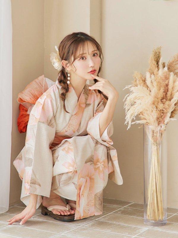 画像11: 【即日発送！】ピンクベージュ牡丹浴衣  【浴衣３点セット 浴衣/帯/下駄】[YMT] (11)