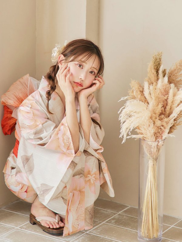 画像10: 【即日発送！】ピンクベージュ牡丹浴衣  【浴衣３点セット 浴衣/帯/下駄】[YMT] (10)