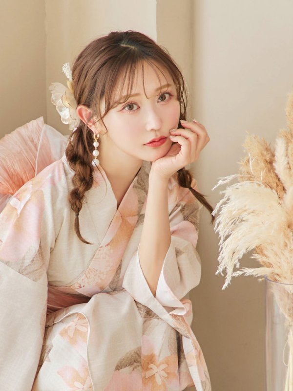 画像9: 【即日発送！】ピンクベージュ牡丹浴衣  【浴衣３点セット 浴衣/帯/下駄】[YMT] (9)