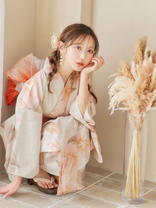 画像8: 【即日発送！】ピンクベージュ牡丹浴衣  【浴衣３点セット 浴衣/帯/下駄】[YMT] (8)