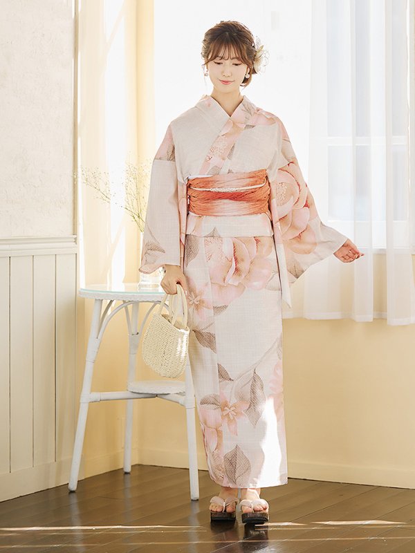画像10: 【即日発送】ピンクベージュ牡丹浴衣  【浴衣３点セット 浴衣/帯/下駄】[YMT] (10)
