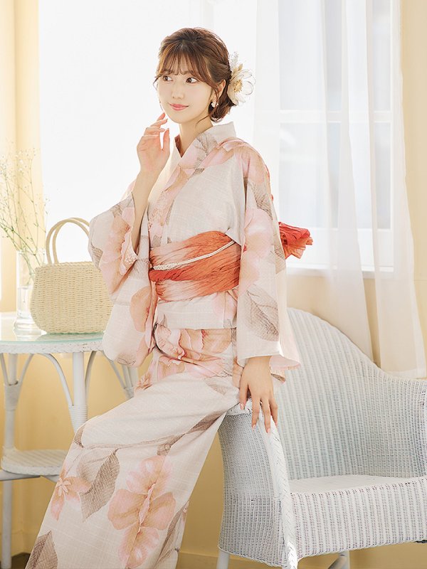 画像13: 【即日発送】ピンクベージュ牡丹浴衣  【浴衣３点セット 浴衣/帯/下駄】[YMT] (13)