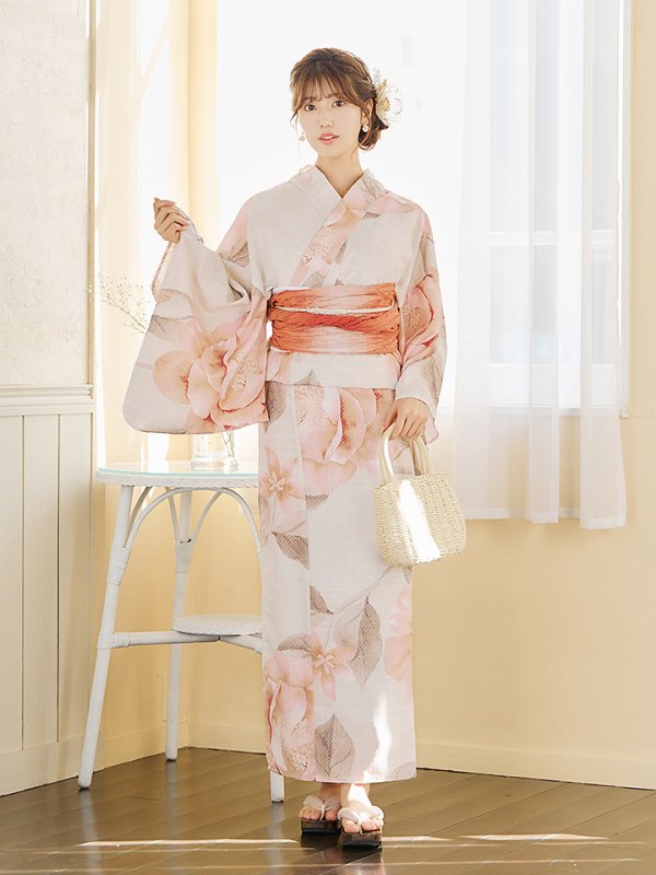 画像14: 【即日発送】ピンクベージュ牡丹浴衣  【浴衣３点セット 浴衣/帯/下駄】[YMT] (14)