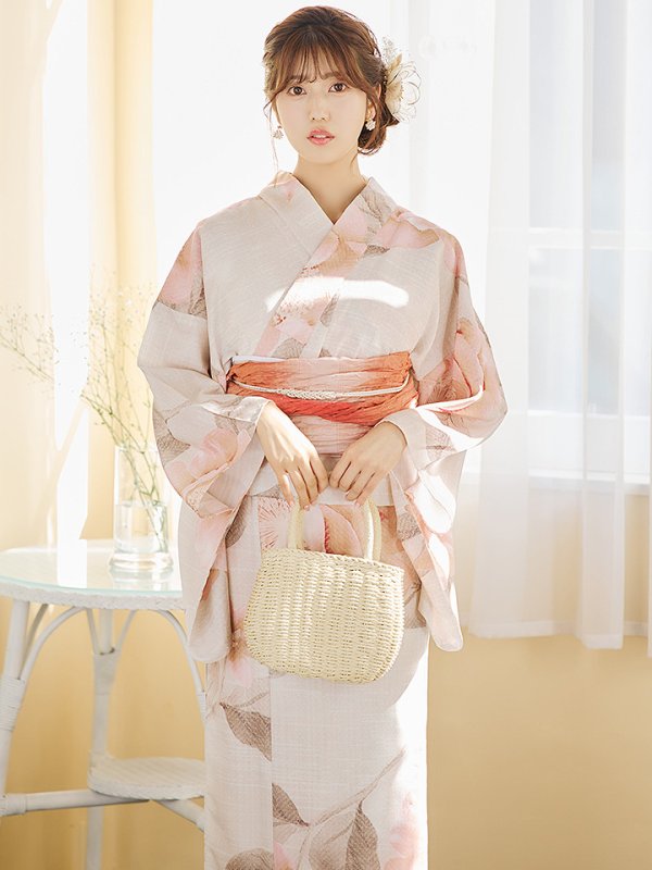 画像2: 【即日発送】ピンクベージュ牡丹浴衣  【浴衣３点セット 浴衣/帯/下駄】[YMT] (2)