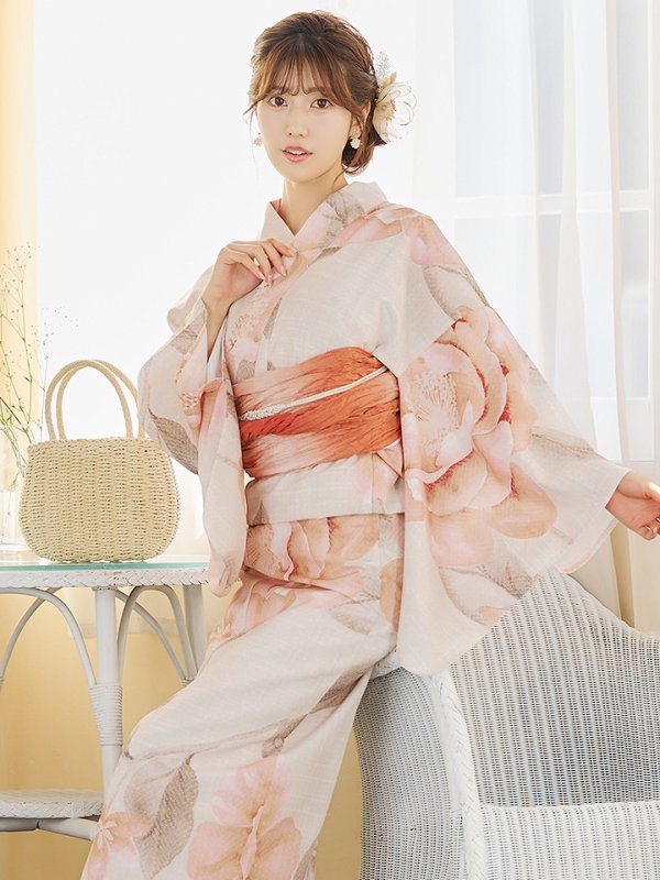 画像3: 【即日発送】ピンクベージュ牡丹浴衣  【浴衣３点セット 浴衣/帯/下駄】[YMT] (3)