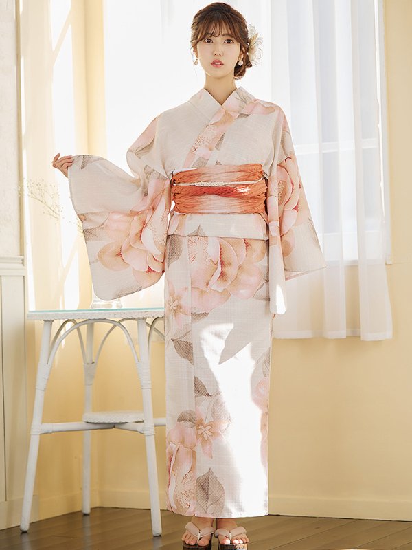 画像4: 【即日発送】ピンクベージュ牡丹浴衣  【浴衣３点セット 浴衣/帯/下駄】[YMT] (4)