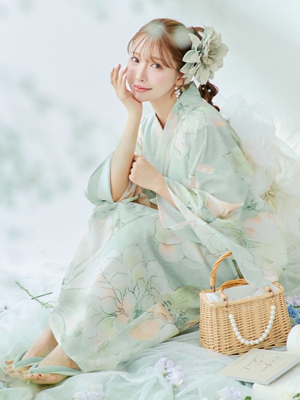 画像12: 【即日発送】アイシーミントフラワー浴衣  【浴衣３点セット 浴衣/帯/下駄】[YMT] (12)