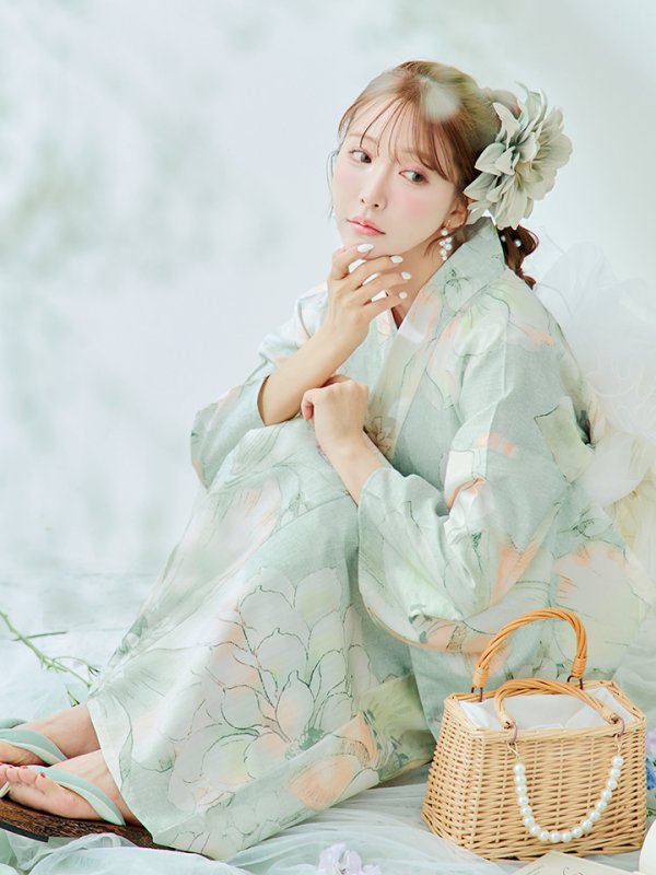 画像7: 【即日発送】アイシーミントフラワー浴衣  【浴衣３点セット 浴衣/帯/下駄】[YMT] (7)