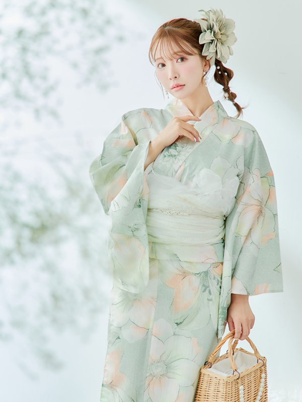 画像9: 【即日発送】アイシーミントフラワー浴衣  【浴衣３点セット 浴衣/帯/下駄】[YMT] (9)