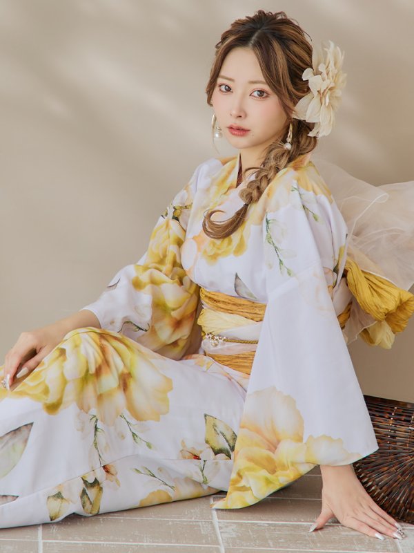 画像3: 【即日発送】アンニュイイエローフラワー浴衣  【浴衣３点セット 浴衣/帯/下駄】[YMT] (3)