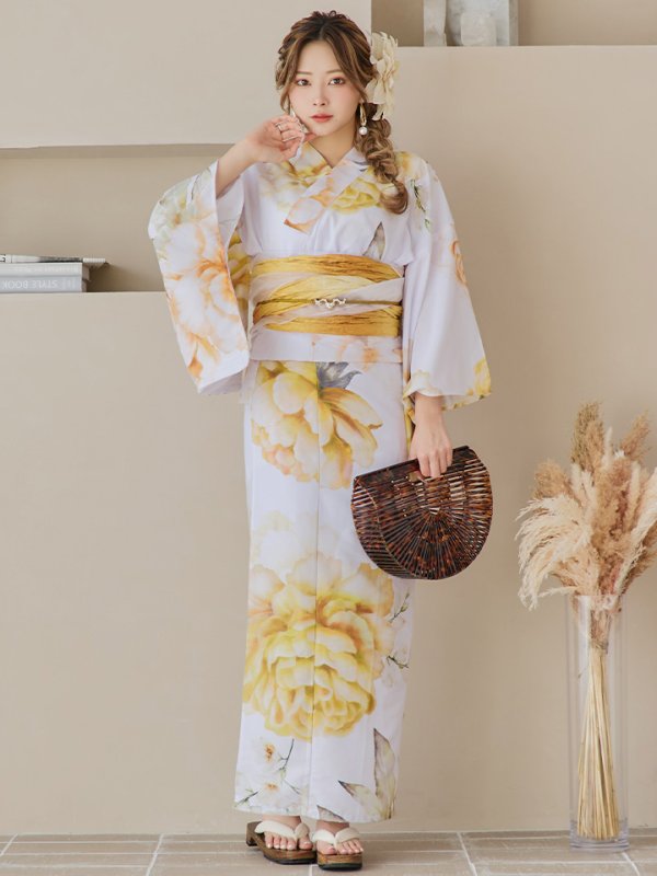 画像4: 【即日発送】アンニュイイエローフラワー浴衣  【浴衣３点セット 浴衣/帯/下駄】[YMT] (4)