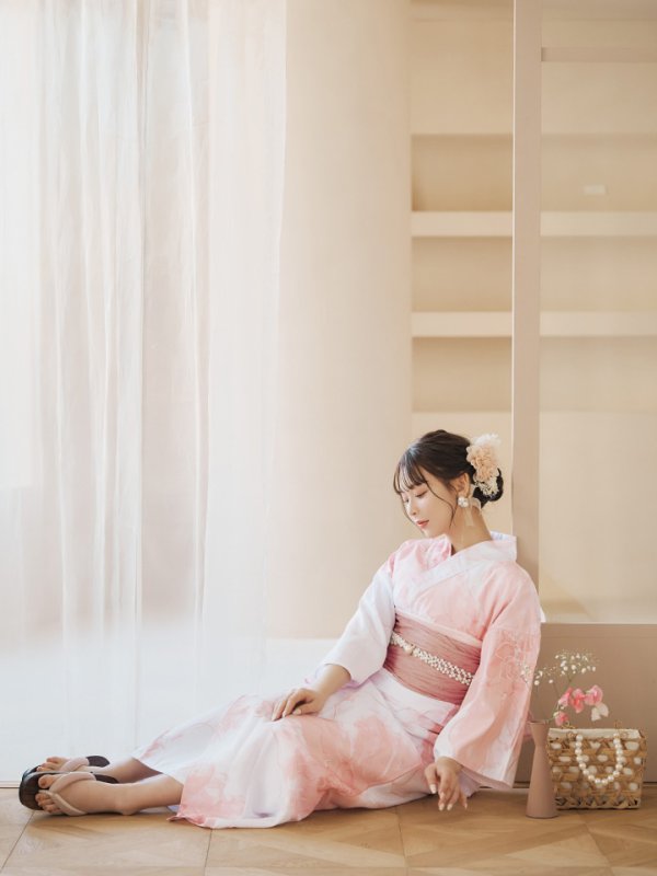 画像11: 【即日発送】ニュアンスピンクフラワー浴衣  【浴衣３点セット 浴衣/帯/下駄】[YMT] (11)