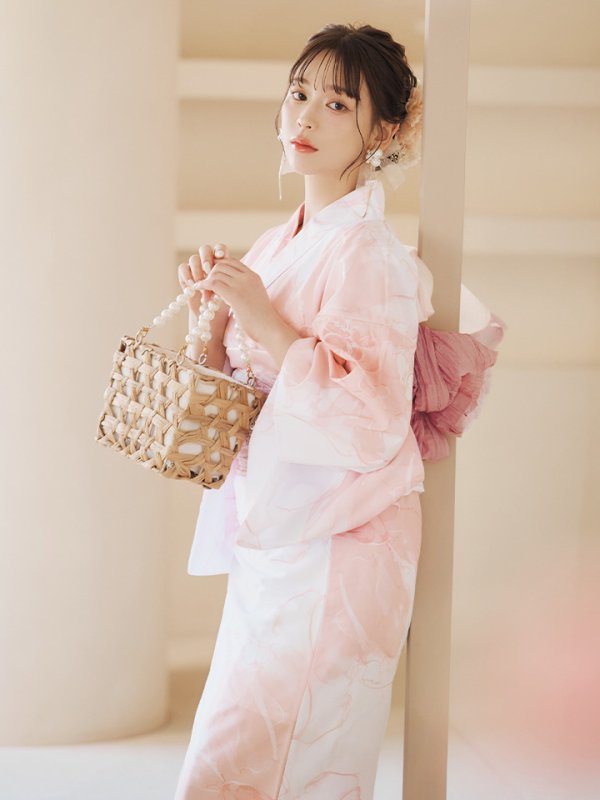 画像3: 【即日発送】ニュアンスピンクフラワー浴衣  【浴衣３点セット 浴衣/帯/下駄】[YMT] (3)