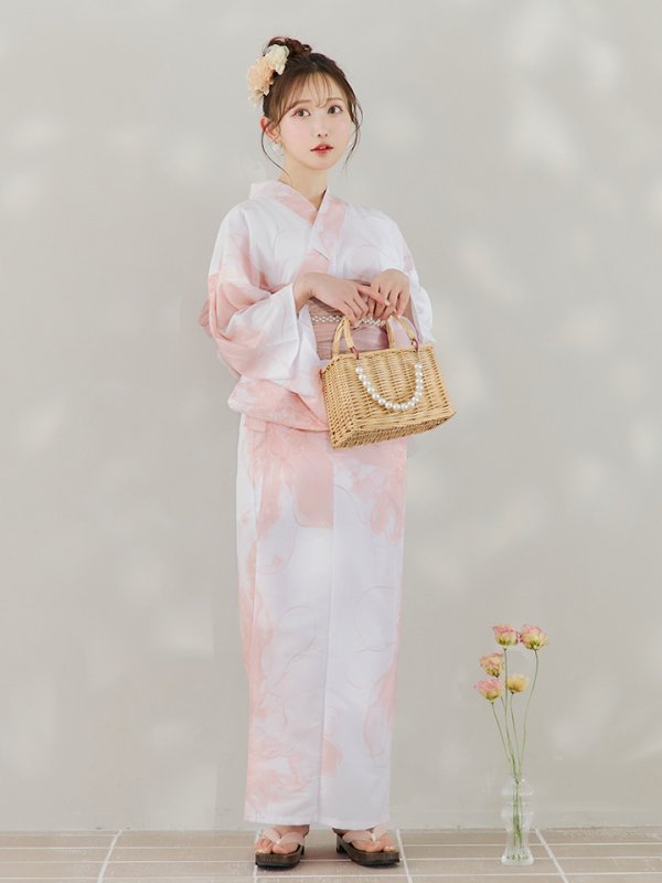 画像15: 【即日発送】ニュアンスピンクフラワー浴衣  【浴衣３点セット 浴衣/帯/下駄】[YMT] (15)