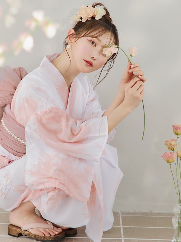 画像3: 【即日発送】ニュアンスピンクフラワー浴衣  【浴衣３点セット 浴衣/帯/下駄】[YMT] (3)