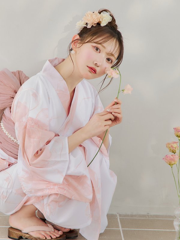 画像4: 【即日発送】ニュアンスピンクフラワー浴衣  【浴衣３点セット 浴衣/帯/下駄】[YMT] (4)