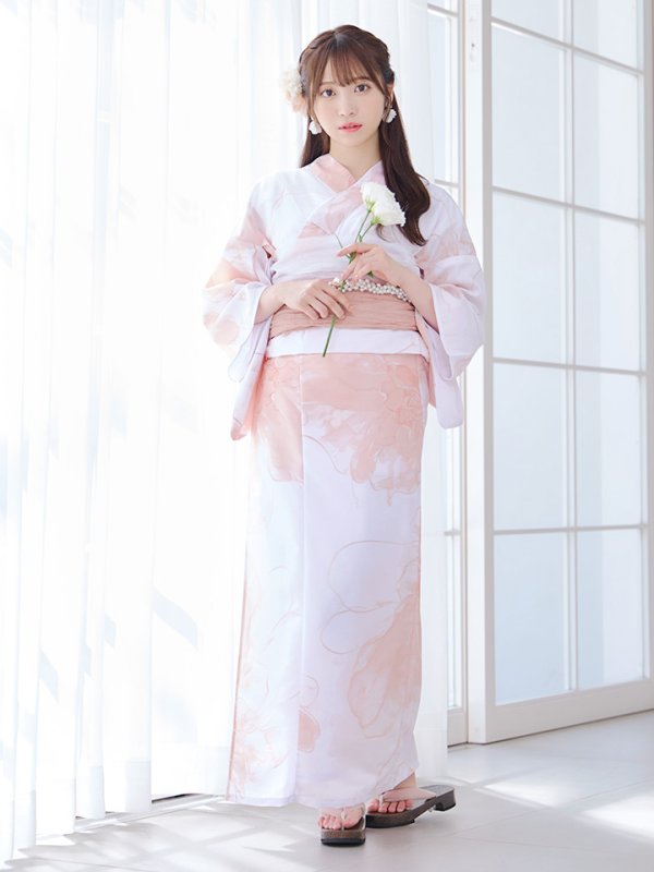 画像2: 【即日発送】ニュアンスピンクフラワー浴衣  【浴衣３点セット 浴衣/帯/下駄】[OF04] (2)