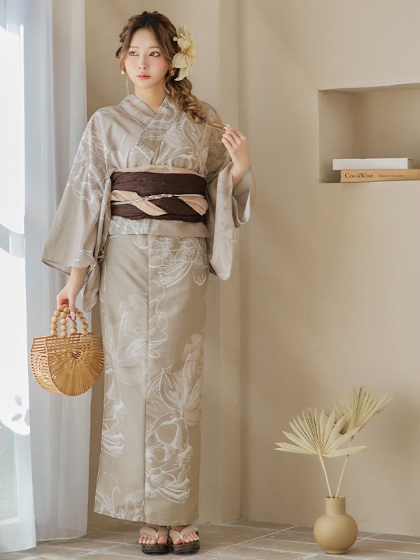 画像2: 【即日発送】ニュアンスフラワーベージュ浴衣  【浴衣３点セット 浴衣/帯/下駄】[YMT] (2)