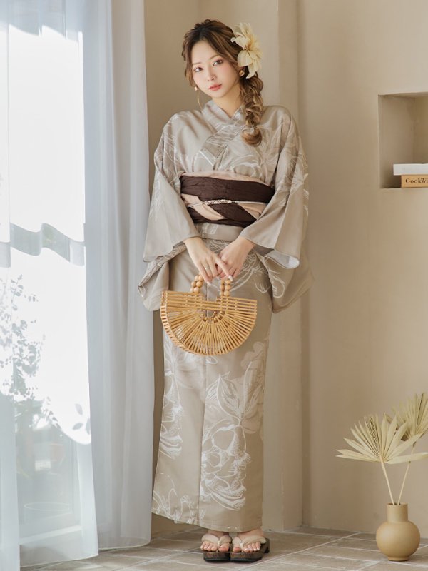 画像4: 【即日発送】ニュアンスフラワーベージュ浴衣  【浴衣３点セット 浴衣/帯/下駄】[YMT] (4)