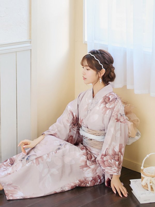 画像11: 【即日発送】くすみピンクアンティークフラワー浴衣  【浴衣３点セット 浴衣/帯/下駄】[YMT] (11)