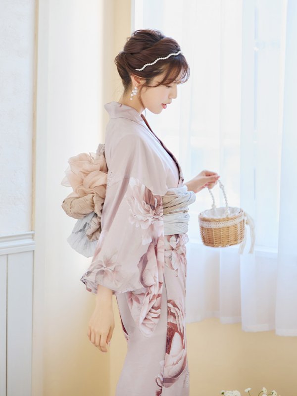 画像13: 【即日発送】くすみピンクアンティークフラワー浴衣  【浴衣３点セット 浴衣/帯/下駄】[YMT] (13)