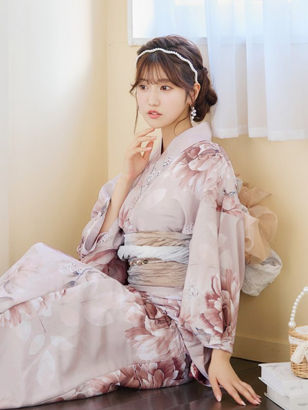 画像14: 【即日発送】くすみピンクアンティークフラワー浴衣  【浴衣３点セット 浴衣/帯/下駄】[YMT] (14)