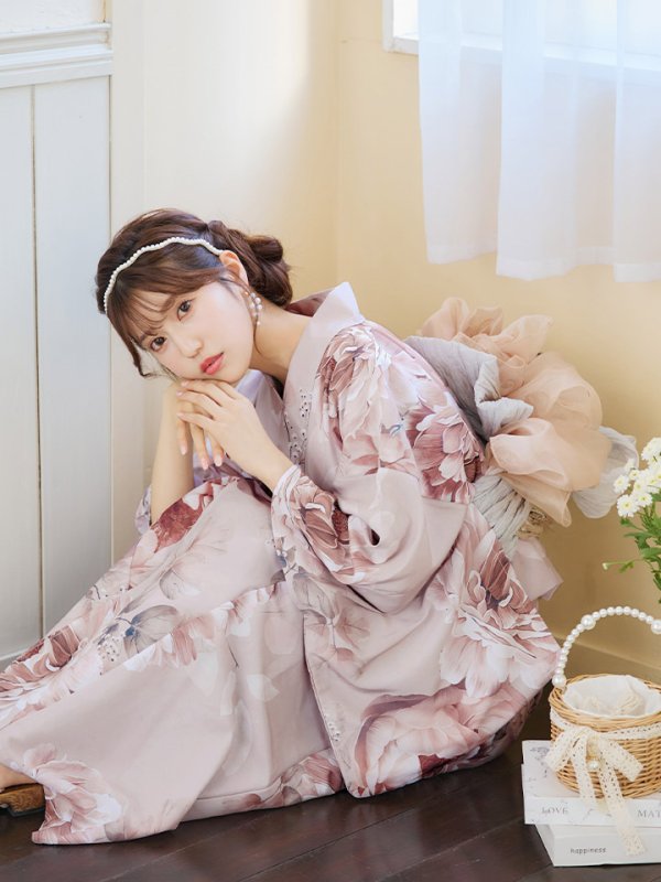 画像15: 【即日発送】くすみピンクアンティークフラワー浴衣  【浴衣３点セット 浴衣/帯/下駄】[YMT] (15)