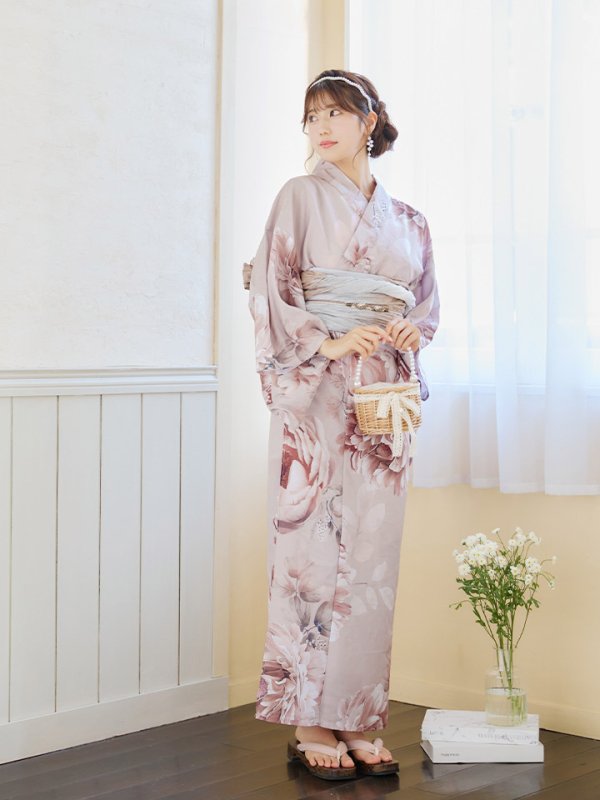 画像16: 【即日発送】くすみピンクアンティークフラワー浴衣  【浴衣３点セット 浴衣/帯/下駄】[YMT] (16)