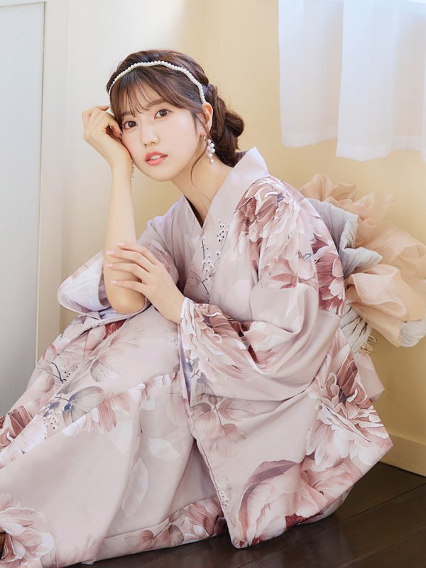 画像6: 【即日発送】くすみピンクアンティークフラワー浴衣  【浴衣３点セット 浴衣/帯/下駄】[YMT] (6)