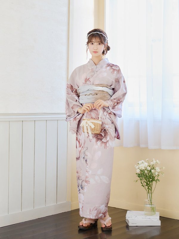 画像8: 【即日発送】くすみピンクアンティークフラワー浴衣  【浴衣３点セット 浴衣/帯/下駄】[YMT] (8)