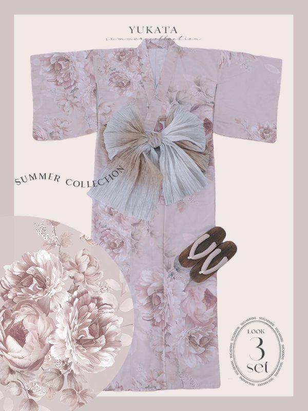 画像23: 【即日発送】くすみピンクアンティークフラワー浴衣  【浴衣３点セット 浴衣/帯/下駄】[YMT] (23)