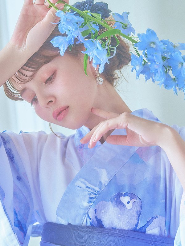 画像14: 【即日発送】水彩フラワーブルー浴衣  【浴衣３点セット 浴衣/帯/下駄】[YMT] (14)