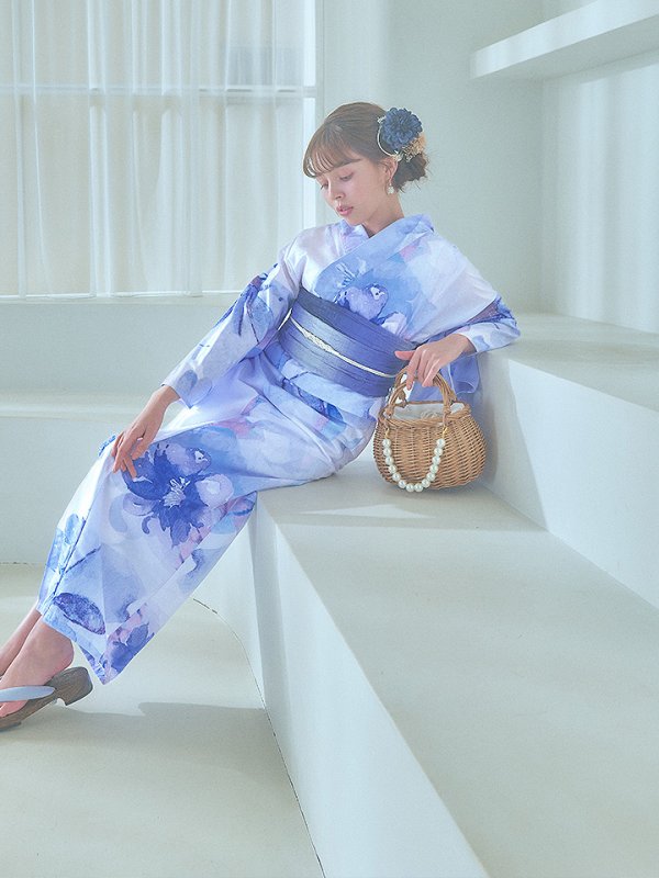 画像15: 【即日発送】水彩フラワーブルー浴衣  【浴衣３点セット 浴衣/帯/下駄】[YMT] (15)