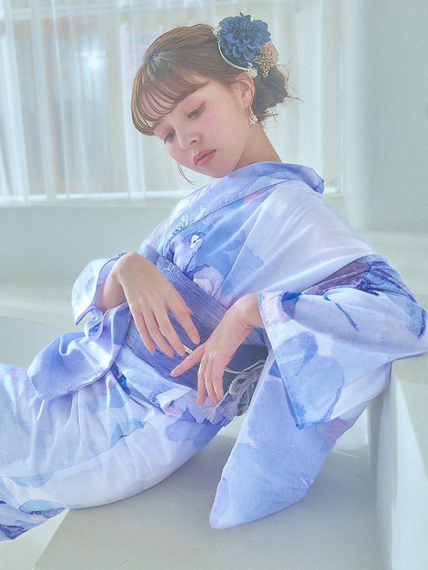 画像16: 【即日発送】水彩フラワーブルー浴衣  【浴衣３点セット 浴衣/帯/下駄】[YMT] (16)
