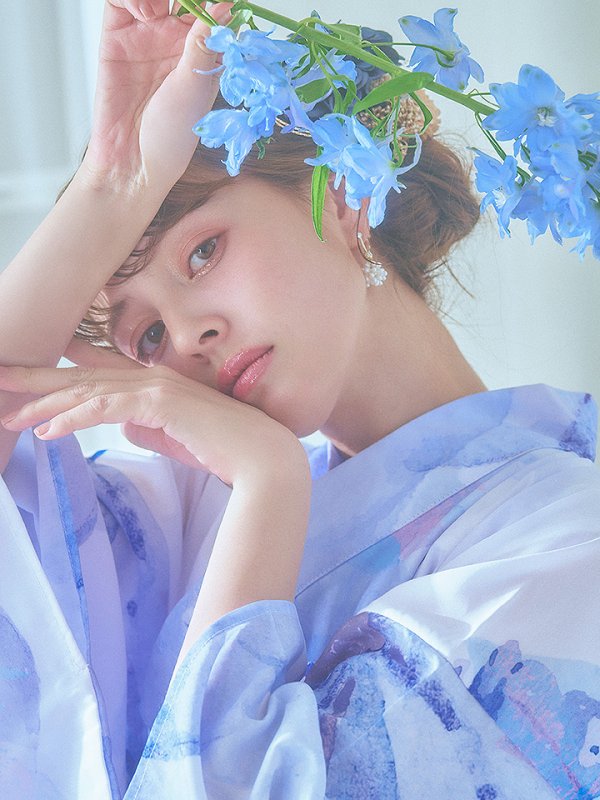 画像17: 【即日発送】水彩フラワーブルー浴衣  【浴衣３点セット 浴衣/帯/下駄】[YMT] (17)