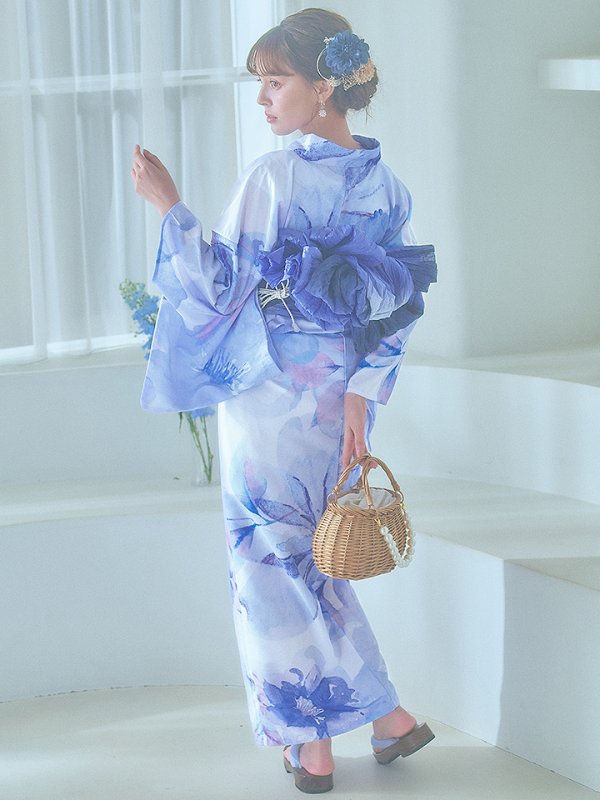 画像2: 【即日発送】水彩フラワーブルー浴衣  【浴衣３点セット 浴衣/帯/下駄】[YMT] (2)