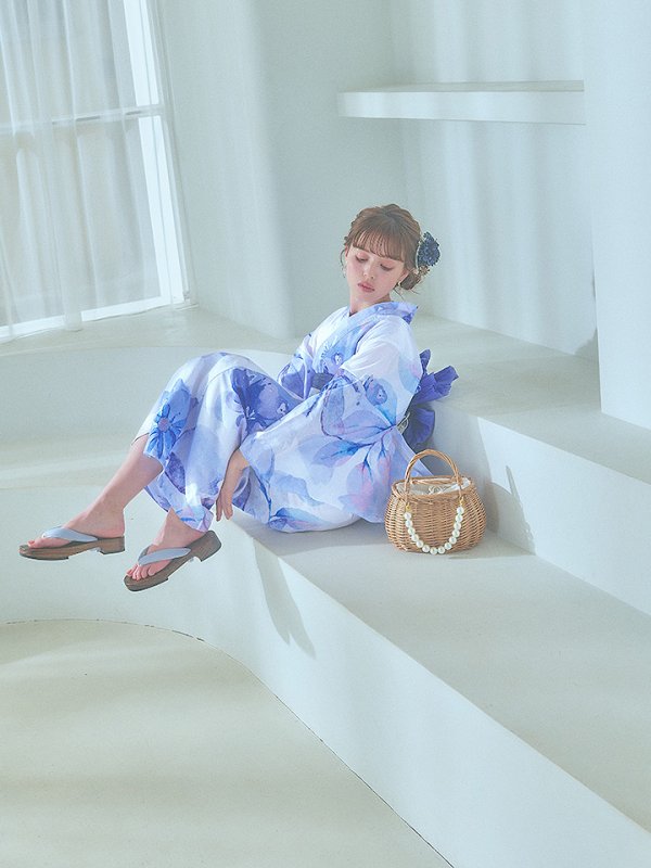 画像20: 【即日発送】水彩フラワーブルー浴衣  【浴衣３点セット 浴衣/帯/下駄】[YMT] (20)