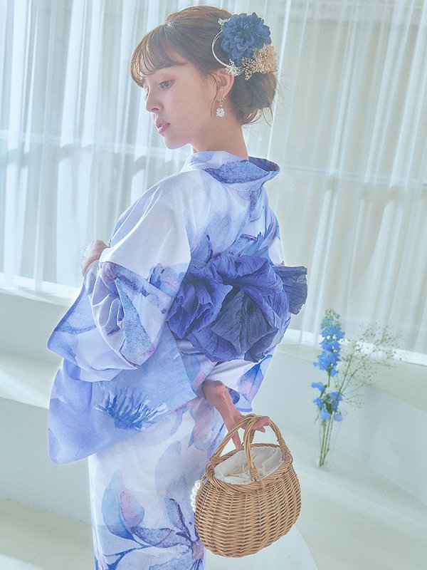 画像7: 【即日発送】水彩フラワーブルー浴衣  【浴衣３点セット 浴衣/帯/下駄】[YMT] (7)