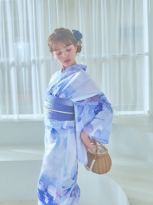 画像8: 【即日発送】水彩フラワーブルー浴衣  【浴衣３点セット 浴衣/帯/下駄】[YMT] (8)