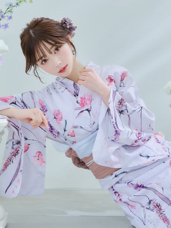 画像14: 【即日発送】【Riuコラボ】ボタニカルフラワーと蝶々の浴衣  【浴衣３点セット 浴衣/帯/下駄】[yo/YMT] (14)