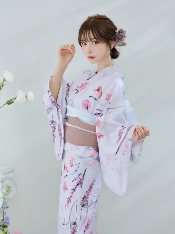 画像2: 【即日発送】【Riuコラボ】ボタニカルフラワーと蝶々の浴衣  【浴衣３点セット 浴衣/帯/下駄】[yo/YMT] (2)
