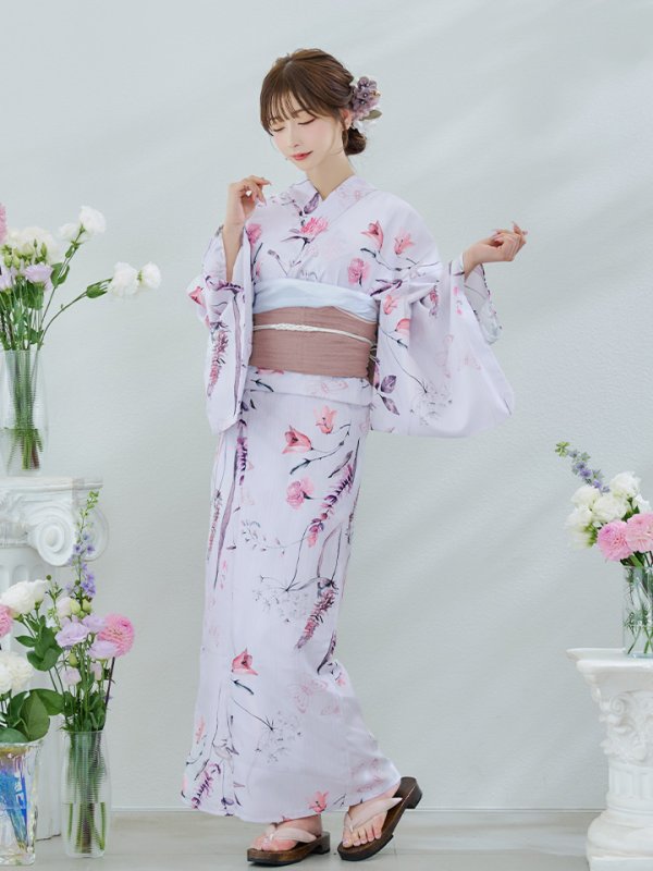 画像4: 【即日発送】【Riuコラボ】ボタニカルフラワーと蝶々の浴衣  【浴衣３点セット 浴衣/帯/下駄】[yo/YMT] (4)