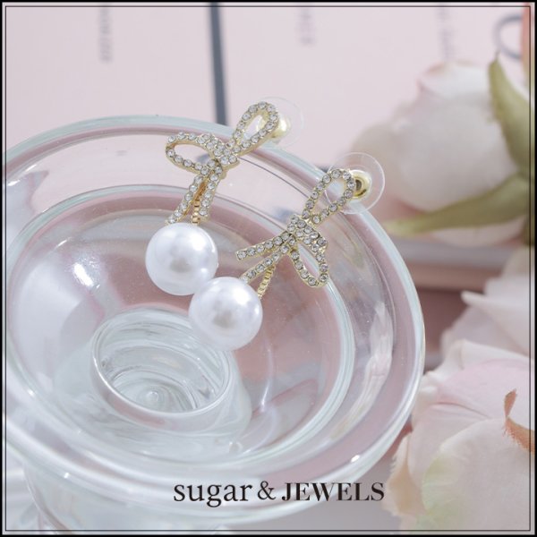 画像1: 【アクセサリー：ピアス】ゴールド/リボン/パール/ピアス【1サイズ/1カラー】[OF02] (1)