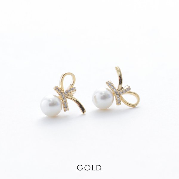 画像2: 【アクセサリー：ピアス】パールビジューリボンピアス【2カラー】[OF08] (2)