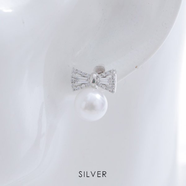 画像2: 【アクセサリー：ピアス】リボンビジューパールピアス【2カラー】[OF02] (2)