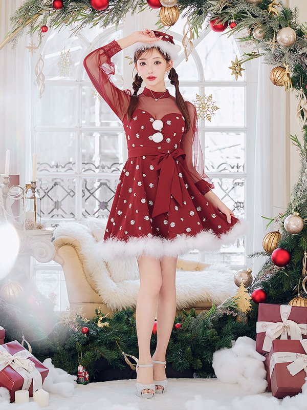 画像10: 【ノベルティ対象】【即日発送！】【サンタコス 4点セット】【XS-XLサイズ/1カラー】チュールロングスリーブハイネックサンタ[YMT] (10)